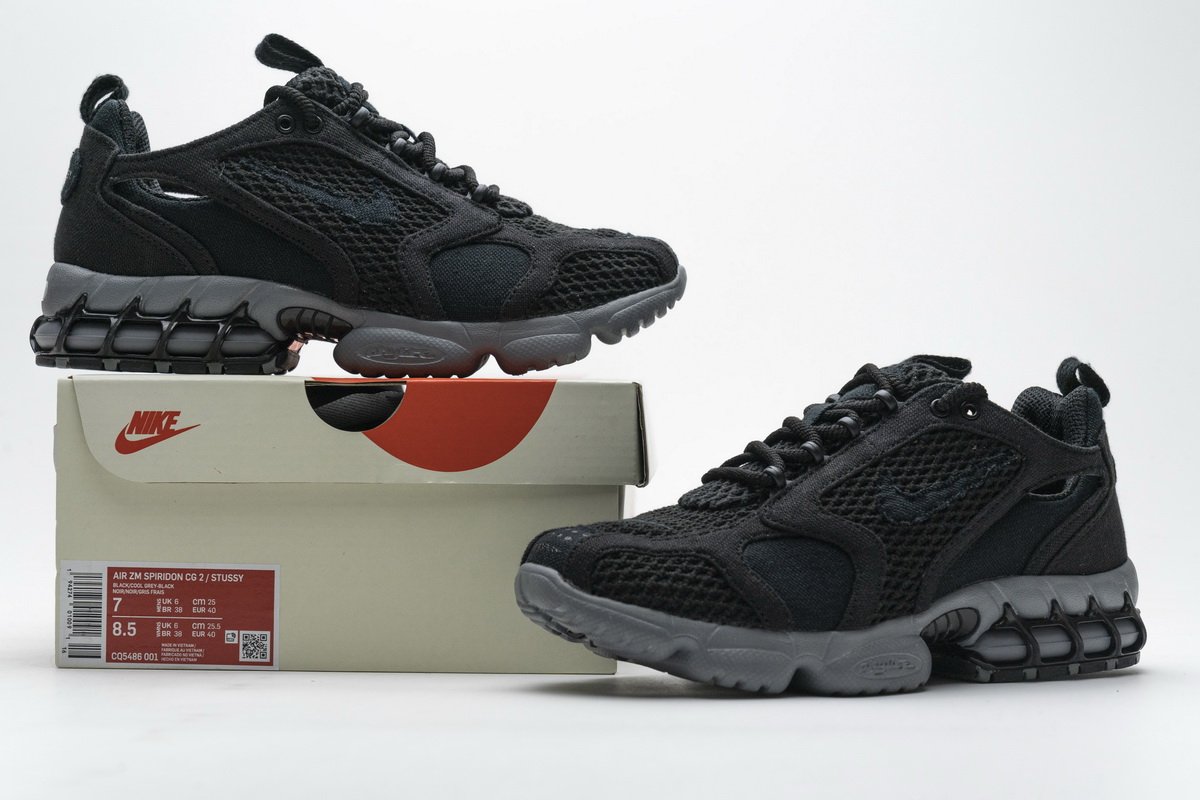 CQ5486-001 Stussy x Nike Air Zoom Spiridon Cage 2 Black Cool Grey
