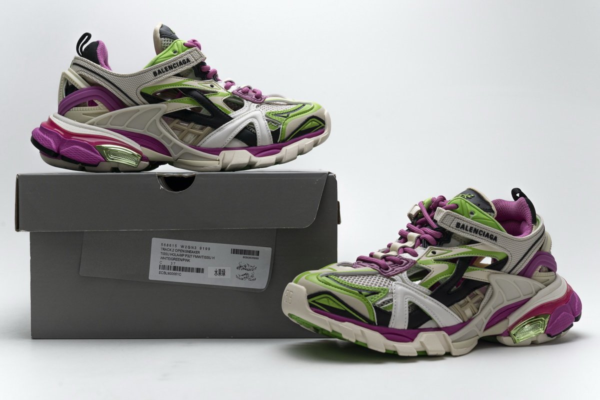 568615 W2GN3 9199 Blenciaga Track 2 Sneaker White Green Pink